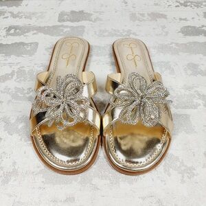 NEW Jessica Simpson Fordin Champagne Metallic Slide Sandals Beaded E166